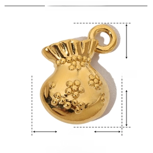 Detailed view of golden money bag pendant with dimensions 14mm by 12mm in stainless steel