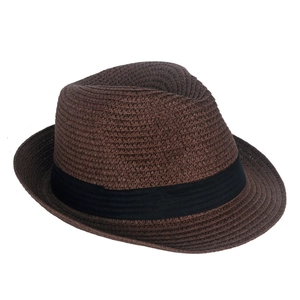 Classic dark brown straw fedora hat with black ribbon for summer beach sun protection