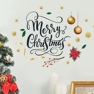 Sticker mural Merry Christmas avec motifs festifs et flocons sur fond de mur blanc propre