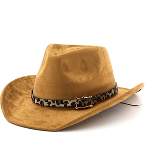 Western Cowboy Hat Suede Wide Brim Leopard Print Belt Gold Buckle Retro Jazz Style For Men Women Outdoor Travel