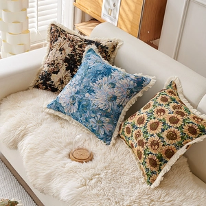 Vintage katoenen linnen jacquard kussens met franjes in drie bloemmotieven