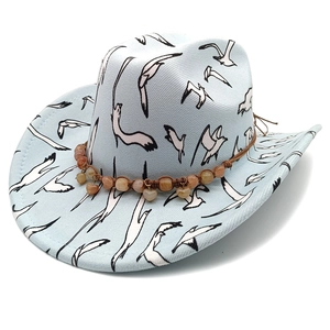Light blue wool felt jazz hat with bird print and beaded heart charm headband