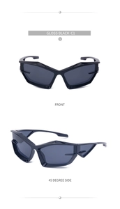 Front and 45-degree side views of black Y2K futuristic wrap sunglasses with V logo