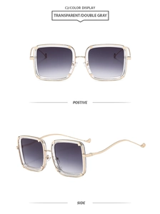 Detail of square sunglasses with C2 double gray gradient lenses and golden metal temples