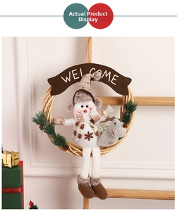 Detail of Christmas wreath with snowman, reindeer and Welcome sign on wooden door hanger
