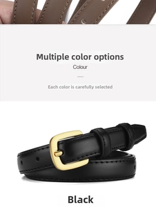 Detail view of thin leather belts in black and brown with gold alloy pin buckles