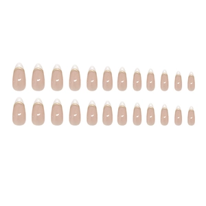 French tip almond press-on nails with white tips and gold lines, 24 piece set