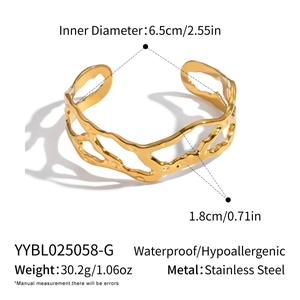 Detail view showing dimensions and water-resistant texture of the gold irregular bangle