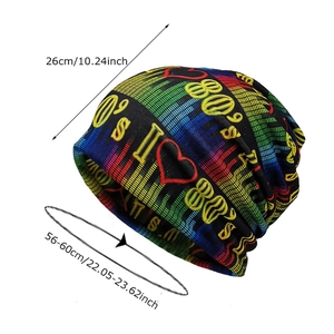 Retro I Love 80s knitted beanie hat with colorful stripes and sizing details