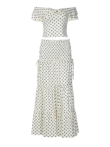 Chic two-piece set with polka dot crop top and tiered ruffle maxi skirt in beige