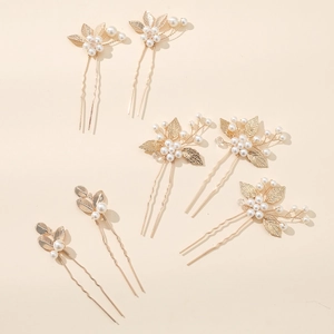6-piece gold leaf hair pin set with faux pearls for bridal wedding hairstyles