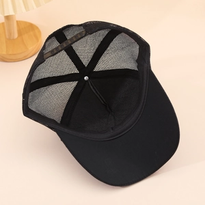 Detail of adjustable plastic snapback closure and breathable mesh on a black trucker hat