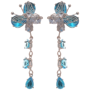 Silver butterfly drop earrings with blue zircon stones and tassel design for women