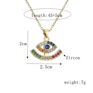 Gold evil eye necklace with colorful zircon stones and detailed size specifications