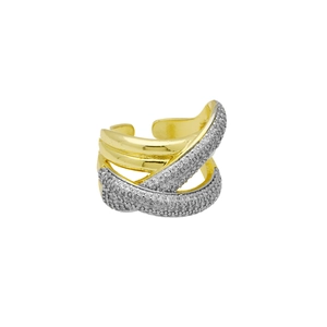Detail of two-tone 18k gold plated open ring with shimmering pavé zircon heart wrap design