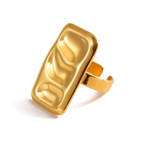 Golden stainless steel geometric ring with hammered rectangular surface and open band
