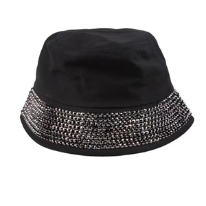 Close-up detail of silver rhinestone embellishments on a black Disco bucket hat