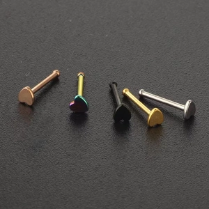 Set of five stainless steel heart nose studs in rose gold, rainbow, black, gold, and silver