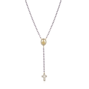 Detail of lavender crystal bead rosary with 18K gold plated Mary medal and cross pendant