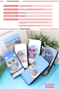 Detailed view of cartoon owl long wallet with size specs 10cm x 19cm x 3cm in pink theme