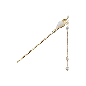 Épingle à cheveux dorée avec bouton de fleur et glands de perles style chinois classique