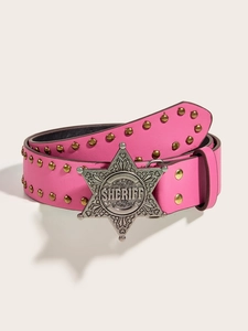 Close-up of pink leather studded belt featuring a large silver metal Sheriff star buckle