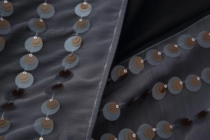 Macro detail of dark grey tulle fabric with vertical rows of multi-colored round sequins