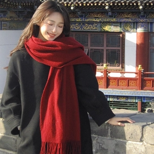 Detail of red knitted scarf with tassels paired with black coat in warm sunlight