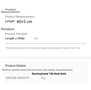 Size chart for 18k gold plated stainless steel snake chain necklace with dimensions
