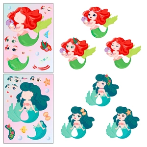 Detail of mermaid DIY stickers showing mix and match face parts and completed princess designs