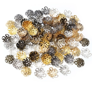 Hollow flower bead caps in gold, silver, and bronze finishes for DIY jewelry making