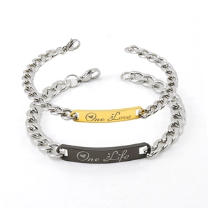 Titanium steel couple bracelet set with One Love One Life engraved metal plates