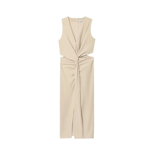 Elegant beige sleeveless midi dress with knot detail and side cut-outs in a minimalist style