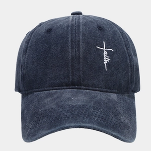 Vintage washed navy denim baseball cap with white faith embroidery and cross design