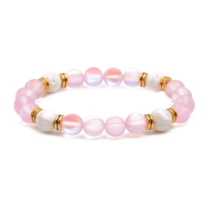 Bracciale con pietre occhio di gatto rosa e roccia vulcanica bianca e inserti dorati