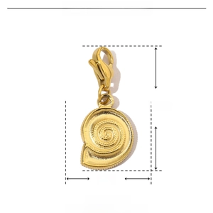 Macro view of gold stainless steel snail charm with 25mm height and 11mm width details