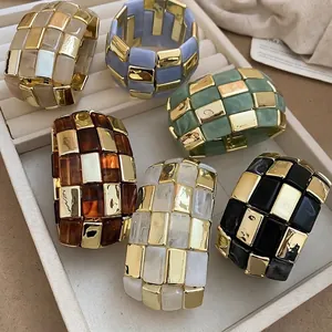Checkerboard pattern acrylic and metal block elastic bracelet in multiple colors