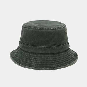 Close-up of washed denim bucket hat featuring reinforced brim stitching and metal eyelets