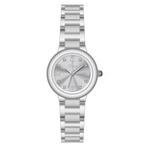 Montre élégante pour femme en acier inoxydable argenté avec chiffres romains et cristaux