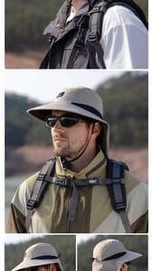 Outdoor sun hat with wide brim, breathable vents, and adjustable wind cord for fishing