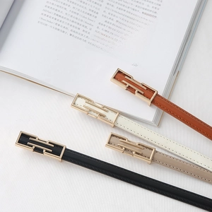 Women's Minimalist PU Leather Thin Belt With Gold Geometric Hollow Buckle Vintage Korean Style Waistband For Jeans Dress