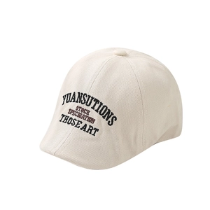 Off-white canvas beret for kids featuring detailed YUANSUTIONS letter embroidery design