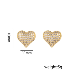 Hip hop 18K gold plated heart stud earrings with cubic zirconia stones and dimensions