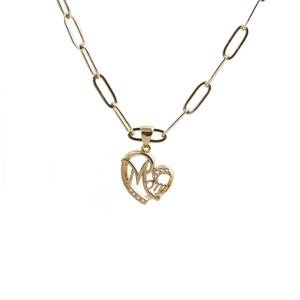 Gold paperclip chain necklace featuring a heart-shaped Mom pendant with sparkling zircons