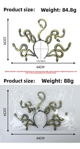 Bronze Medusa snake headband showing dimensions 44x32cm and detailed product packaging