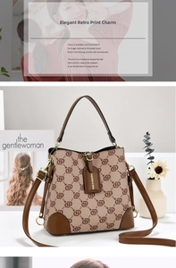 Close-up of vintage monogram bucket bag with gold hardware and fashion hangtag