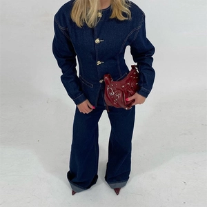 Veste En Jean Rétro Et Pantalon Large Bleu Foncé Boutons Dorés Coutures Contrastées Streetwear Femmes