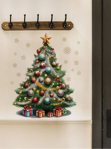 Detailed view of reusable PVC Christmas tree wall sticker with colorful ornaments and gifts