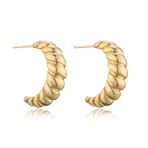 Elegantly twisted 14K gold croissant hoop earrings with a shiny metallic finish