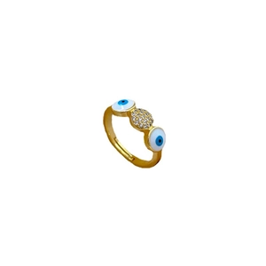 Adjustable gold plated evil eye ring with micro-pave cubic zirconia and blue enamel